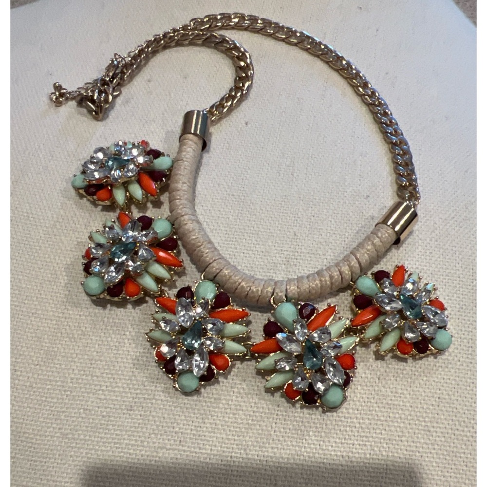 Vibrant Orange and Green Rhinestone Floral Necklace